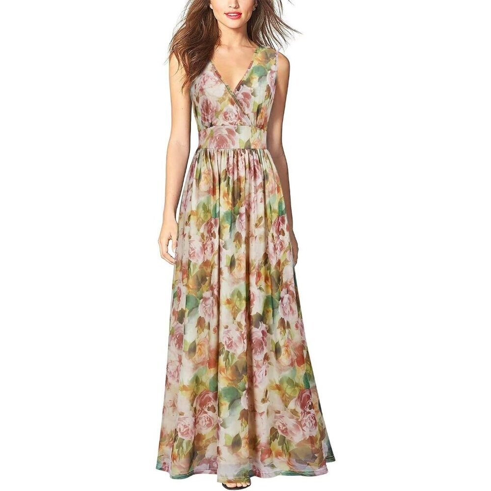 Women's Multi-colour Sleeveless Deep V Neck Mesh Plain Long Maxi Casual Dress